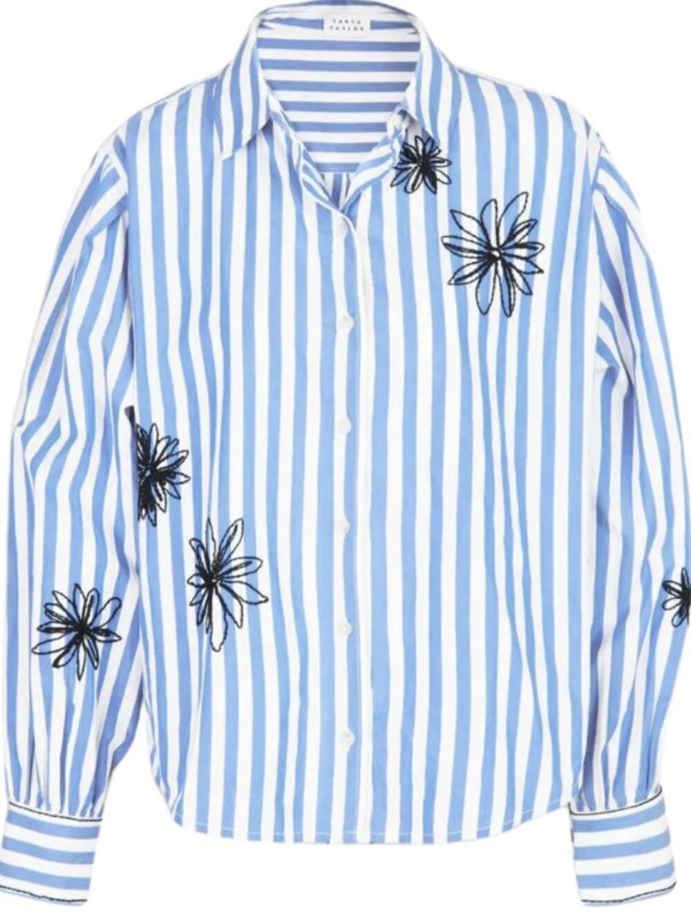 Tanya Taylor Davina Floral Embroidered Striped Shirt - Size Small